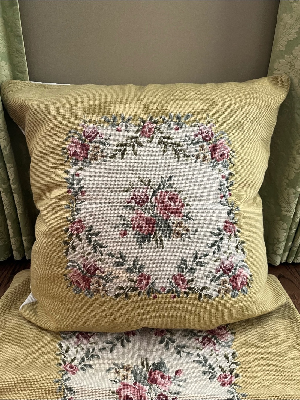 Oversized Euro Sham Vintage Hand-Needlepoint Vintage HeirloomFloral Pillow Cover